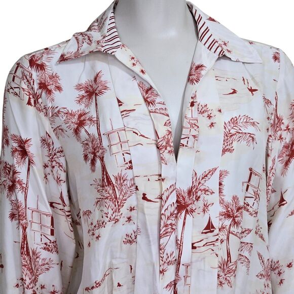 FRAME Silk Dress Womens Size XS Long Sleeve Mini Tropical Toile Ivory/Cream/Red - Picture 3 of 13